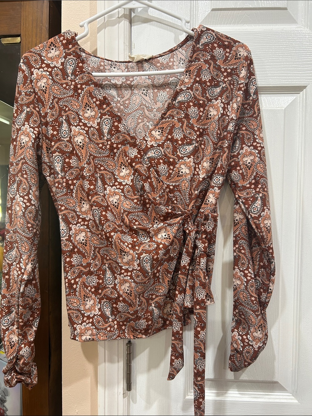meraki Brown Paisley Wrap Blouse